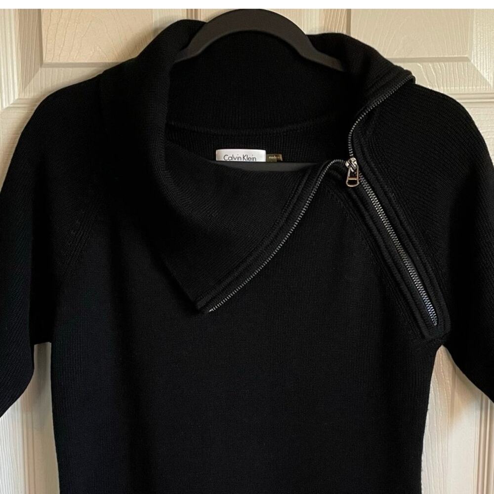 Calvin Klein Sweater Dress M Short Sleeve Diagonal Zippered Cowl Neck Black Chic - Picture 3 of 9